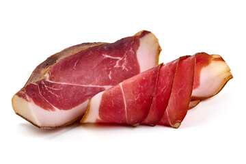 Italian prosciutto crudo or spanish jamon. Jerked meat, isolated on white background.
