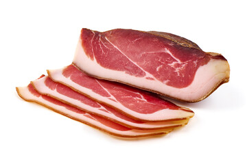 Delicious Serrano ham, cured jamon iberico, isolated on white background.