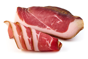 Italian prosciutto crudo or spanish jamon. Jerked meat, isolated on white background.