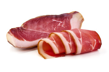 Obraz premium Italian prosciutto crudo or spanish jamon. Jerked meat, isolated on white background.