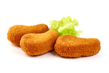 Crispy chicken nuggets, isolated on white background.