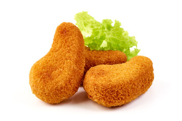 Crispy chicken nuggets, isolated on white background.