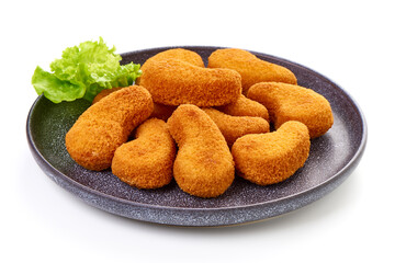 Crispy chicken nuggets, isolated on white background.