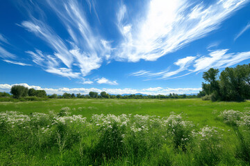 Obraz premium A sunflower field under a bright blue sky with wispy white clouds.