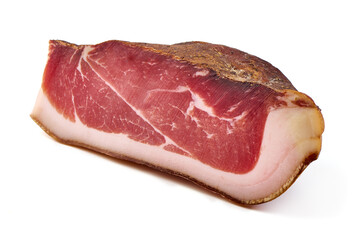 Italian prosciutto crudo or spanish jamon. Jerked meat, isolated on white background.