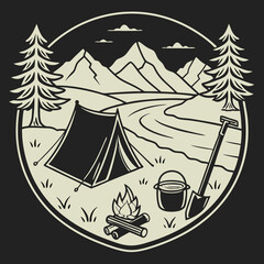 camping in the mountains, a sign for a camping tent and a mountain with mountains in the background.