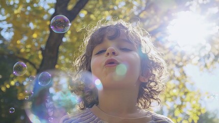 A joyful child blowing bubbles in a sunny park, with bright sunlight and a playful expression.