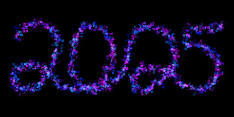 2025 made with multicolored bokeh lights effect, Purple, Blue, Violet color, Bokeh abstract isolated on black background, Blur, Glitter, Illustration design, Happy New Year