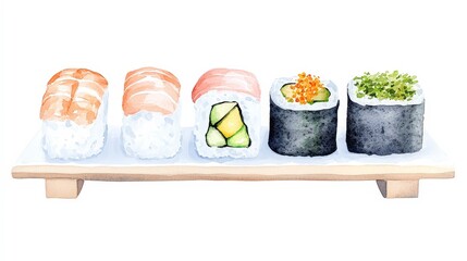 Fresh and Colorful Sushi Display on Wooden Plate