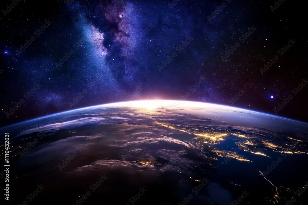 Poster a view of earth from space with the milky way in the background and city lights visible on the surfa