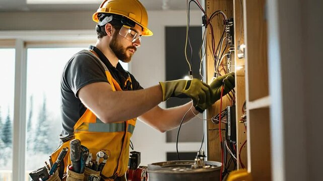Electrician installing cables and wires in distribution box