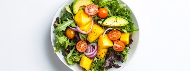 A refreshing mango and avocado salad with mixed greens, cherry tomatoes, red onion