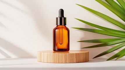 Fototapeta premium A premium skincare oil bottle placed on a polished wooden podium, with a focus on natural ingredients like leaves and oils