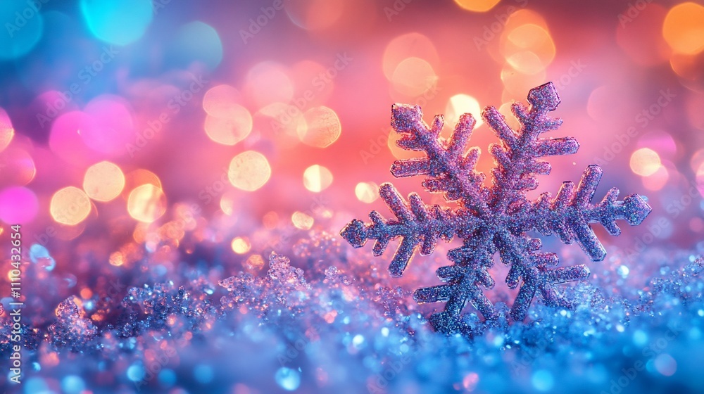 Poster glittering snowflake on snowy background with colorful bokeh lights.