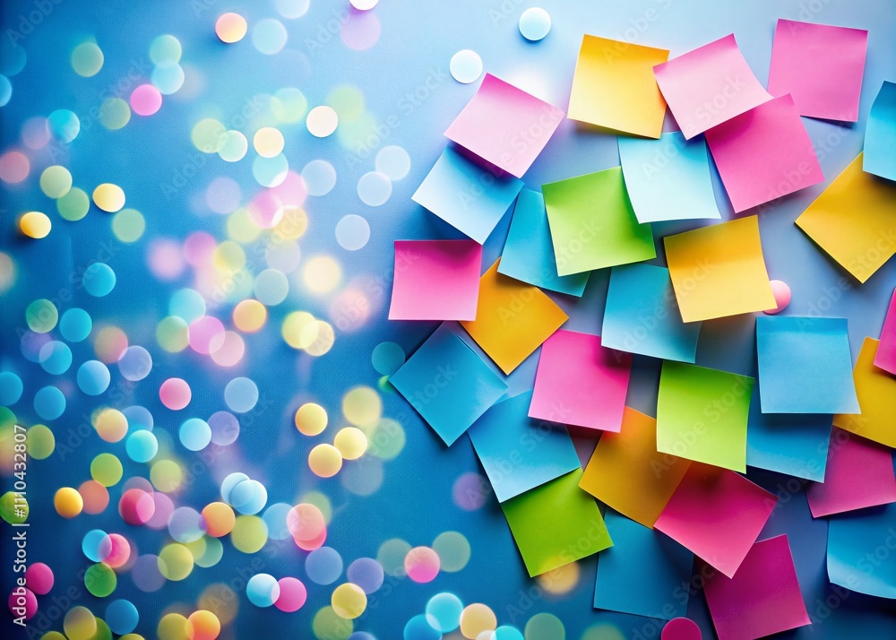 Poster vibrant collection of colorful sticky notes scattered on a blue surface with bokeh effect for creati