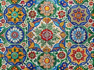 Vibrant Colorful Mosaic Tile Pattern Featuring Intricate Floral Designs in a Beautifully Balanced Composition for Home Decor, Art Projects, or Interior Design Inspiration