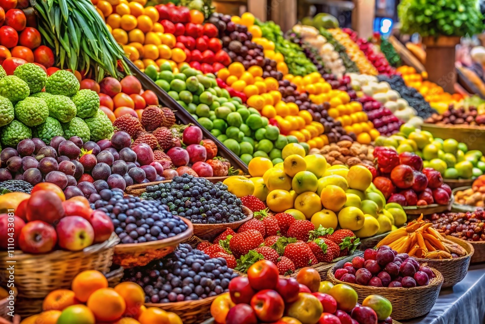 Poster vibrant display of various fruits in a market setting captured with the rule of thirds technique for