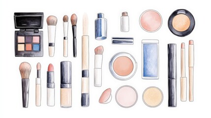 Collection of Hand-Drawn Makeup Products and Tools for Beauty Lovers