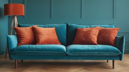 Teal sofa with rust orange pillows and lampshade in cozy room