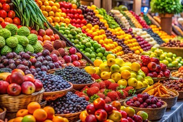 Vibrant Display of Various Fruits in a Market Setting Captured with the Rule of Thirds Technique for Aesthetic Appeal and Freshness