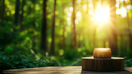 A skincare cream jar placed on a wooden podium in a forest setting, with sun rays softly illuminating the product