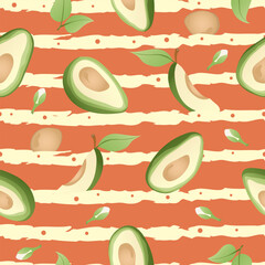 Seamless pattern with hand drawn green avocado halves on striped background. Fresh organic vegetable, healthy, vegan, raw food.