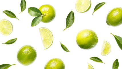 Fresh green citrus fruits and their vibrant leaves flying on white background.AI GENERATED