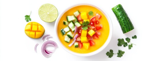 A refreshing mango and cucumber gazpacho with diced tomatoes, red onion, cilantro