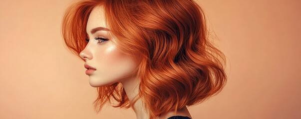 Fototapeta premium Profile of a woman with vibrant, wavy, ginger hair.