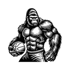 Fototapeta premium gorilla basketball engraving black and white outline