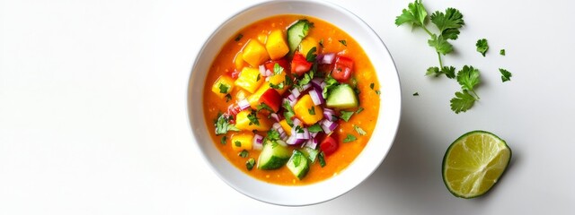 A refreshing mango and cucumber gazpacho with diced tomatoes, red onion, cilantro