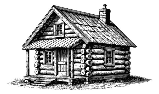 small log cabin engraving black and white outline