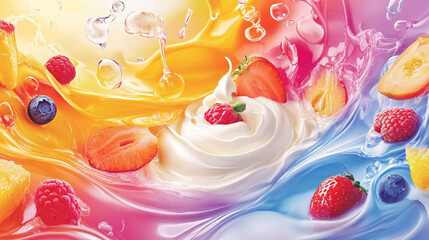 Vibrant Swirl of Creamy Yogurt Topped with Fresh Fruits, Including Berries, Kiwis, and Citrus, Highlighting Sweetness and Freshness in a Dynamic Composition