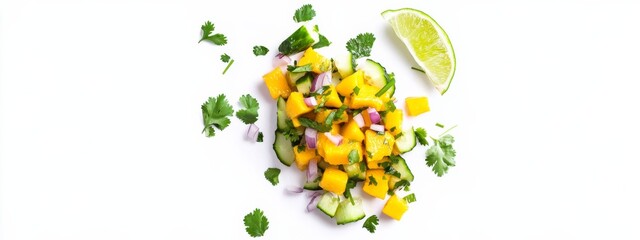 A refreshing mango and cucumber salsa with diced mango, cucumber, red onion