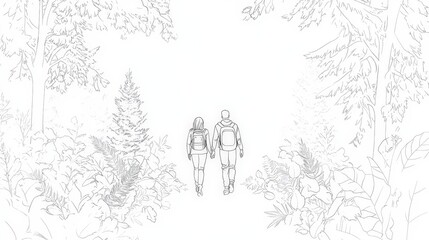 Obraz premium Romantic Hiking Couple Walking Hand in Hand in Forest Trail