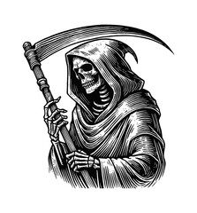 ghost scythe engraving black and white outline