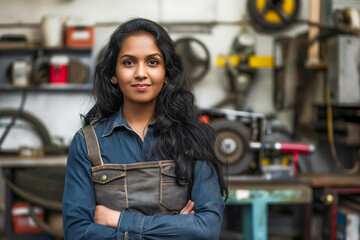 Confident Indian female adult mechanic in workshop environment