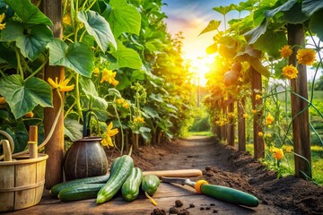 Vibrant Garden Landscape Showcasing the Growth Process of Cucumbers with Lush Green Vines, Sunlight Filtering Through Leaves, and Rich Soil for Gardening Enthusiasts