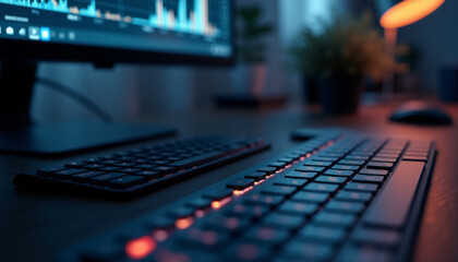 Close-up of a backlit keyboard and monitor displaying charts in a modern study area
