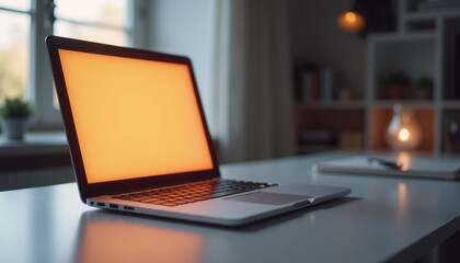 Laptop with blank orange screen on a modern desk in a cozy online tutoring environment