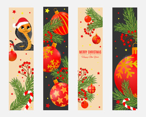 Set of vector banners, bookmarks. Happy New Year concept with christmas tree branches,snake and balls. Can be used background, flyers, posters, cards, covers.