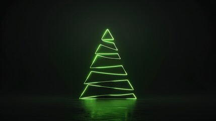 Glowing green neon Christmas tree with minimalist lights, dark background, abstract art, festive holiday decoration concept