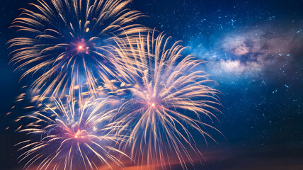 Fototapeta premium Bright fireworks for New Year 2025 lighting up the night sky with vibrant colors