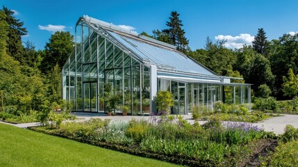 Obraz premium Modern glass greenhouse surrounded by lush greenery on a sunny day.