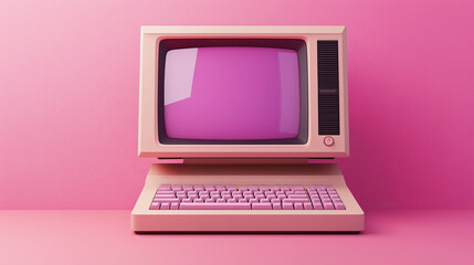 Retro pink computer with vintage screen and keyboard in minimalist setting