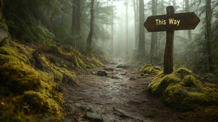 Obraz premium Enchanted Forest Pathway with Direction Sign Amidst Misty Trees