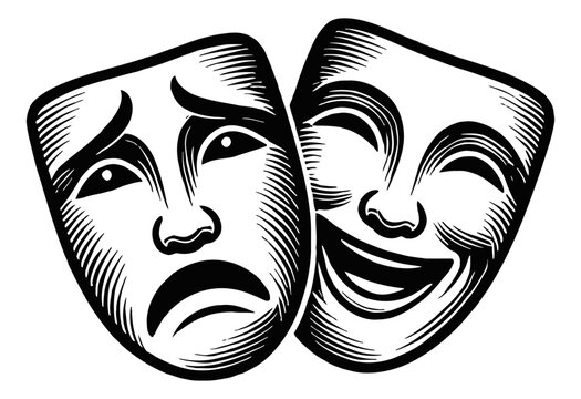 two theater mask sad and happy engraving black and white outline