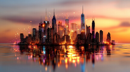 Obraz premium Futuristic illuminated cityscape symbolizing innovation, technology and urban growth, on a blurred background with glowing lights.