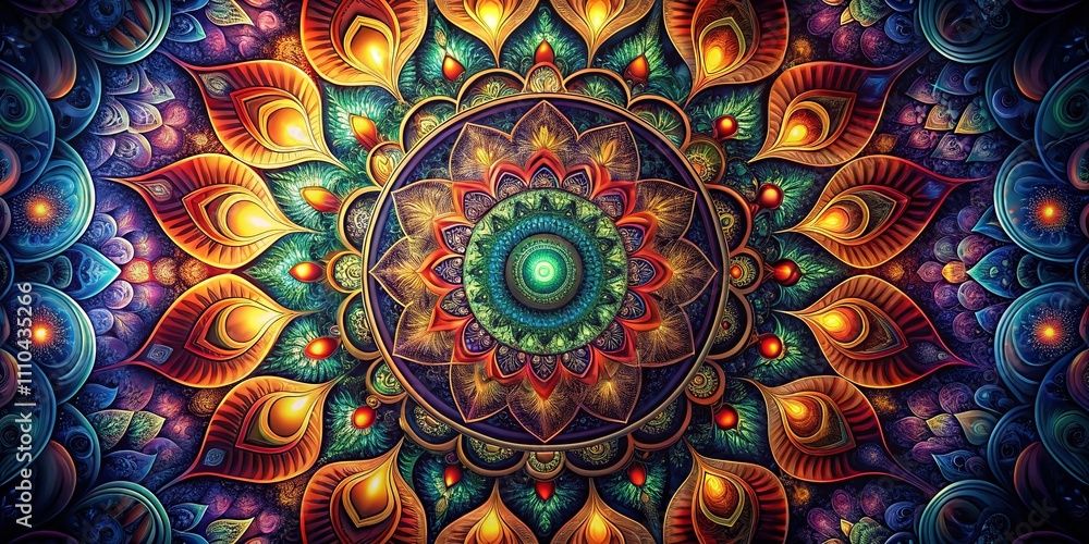 Poster vibrant mandala design with intricate patterns and bright colors on dark background, creating a stun