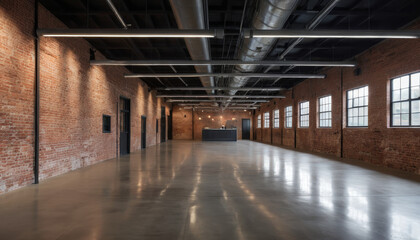 Fototapeta premium Modern renovated old factory interior with polished concrete floor and industrial lighting